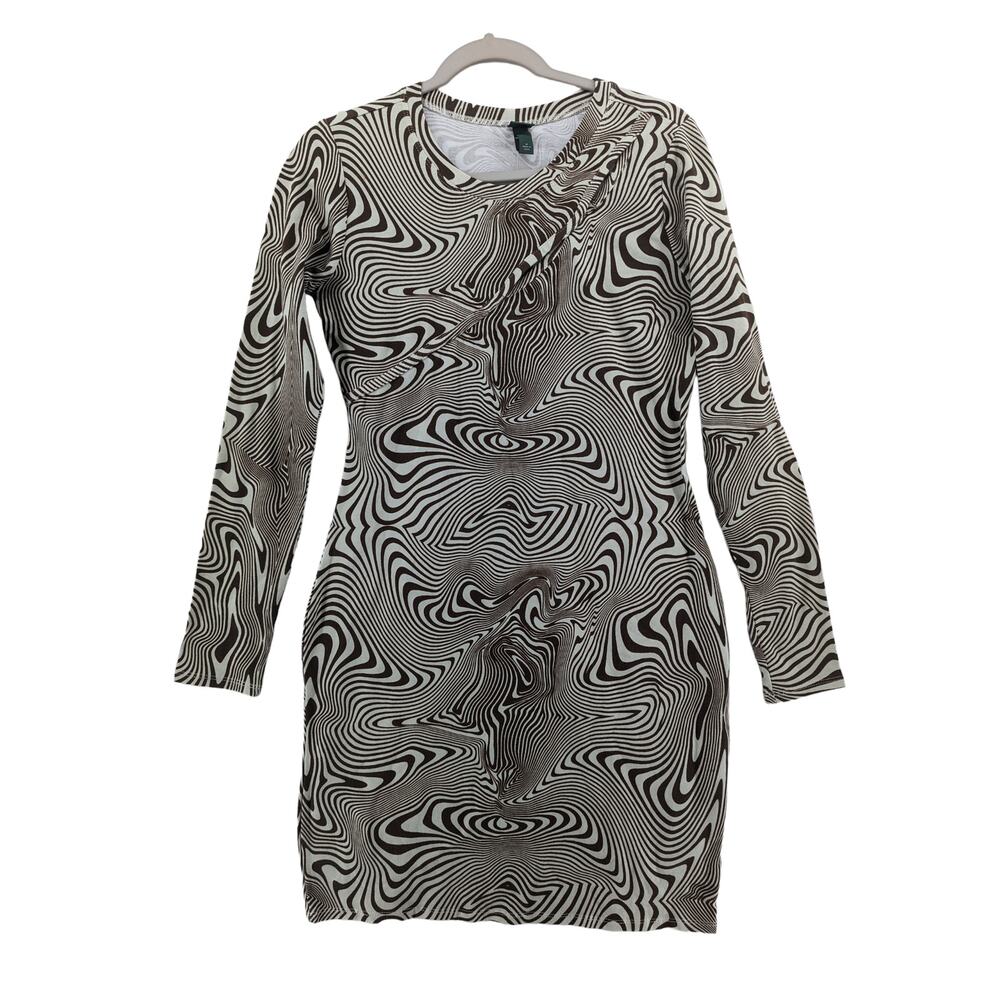Wild Fable Bodycon Dress M Brown Cream Striped Cutouts Swirl‎ Knit Long Sleeves